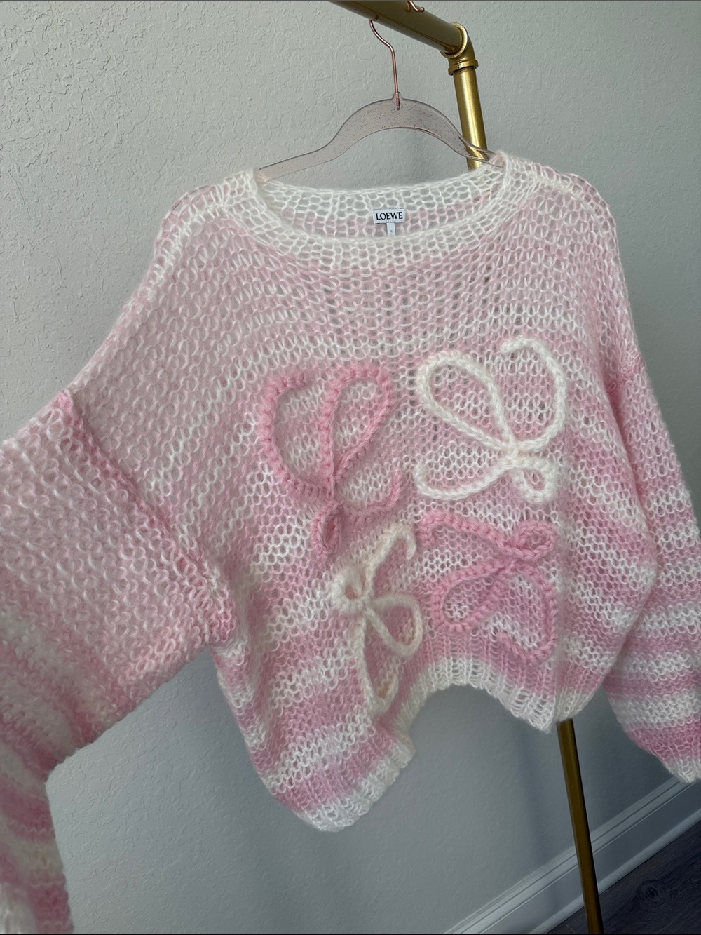 Loewe Pale Pink Hand-Knit Mohair-Blend Crewneck Sweater - Picture 4 of 9